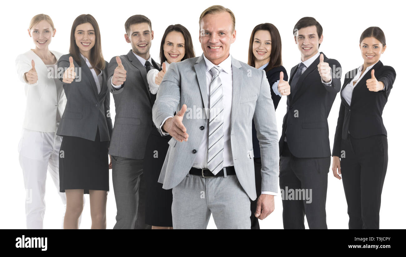 Happy business people cheering and showing thumbs up sign , manager