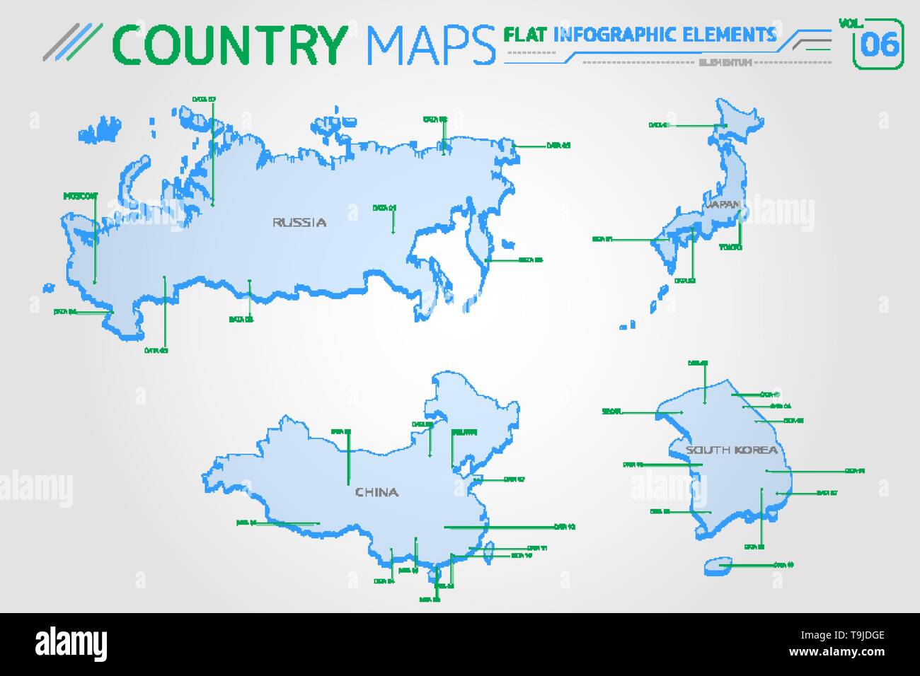 Russia, China, Japan and South Korea Vector Maps Stock Vector Image
