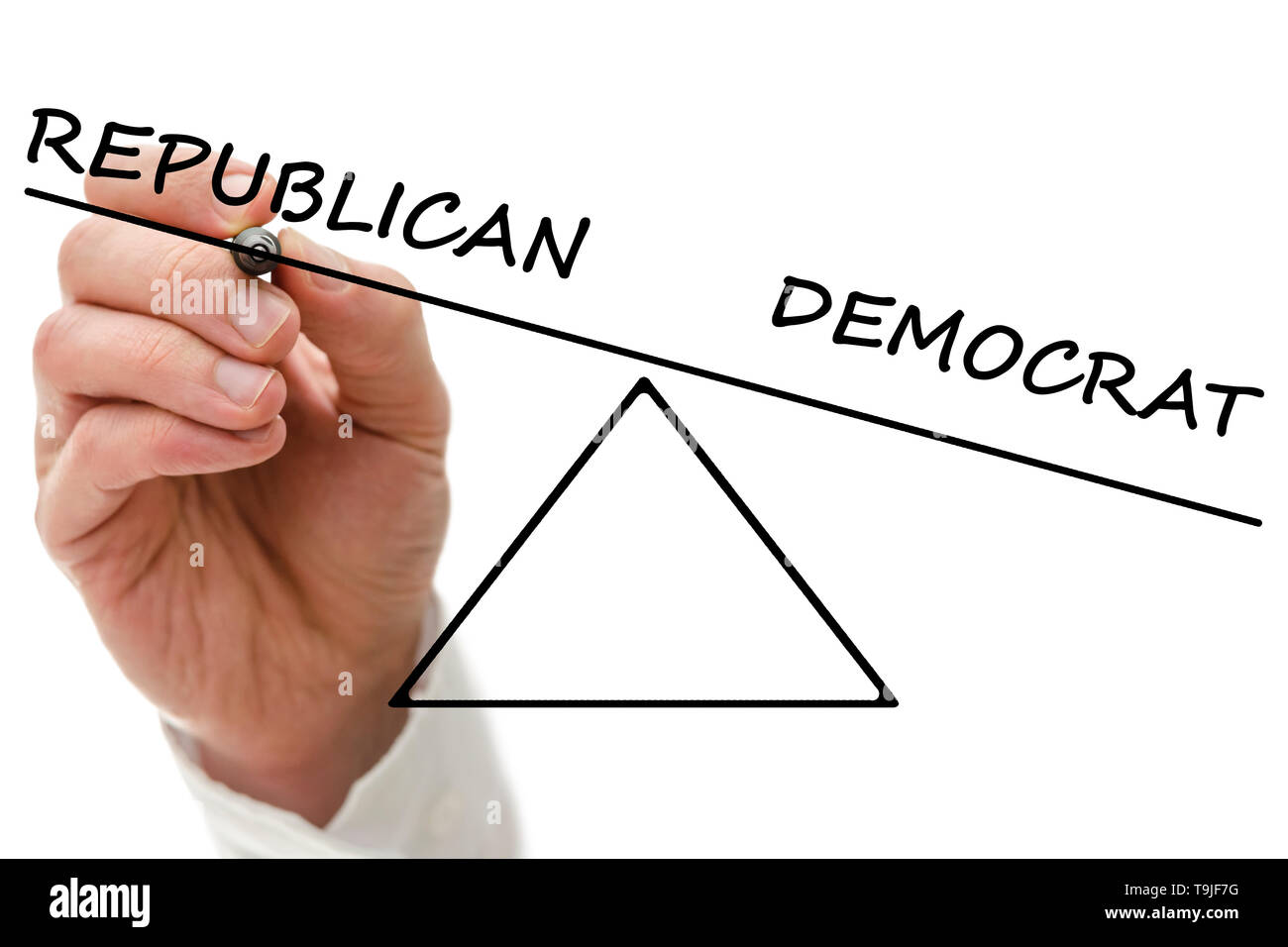 Male hand drawing a scale of Republican versus Democrat. Stock Photo