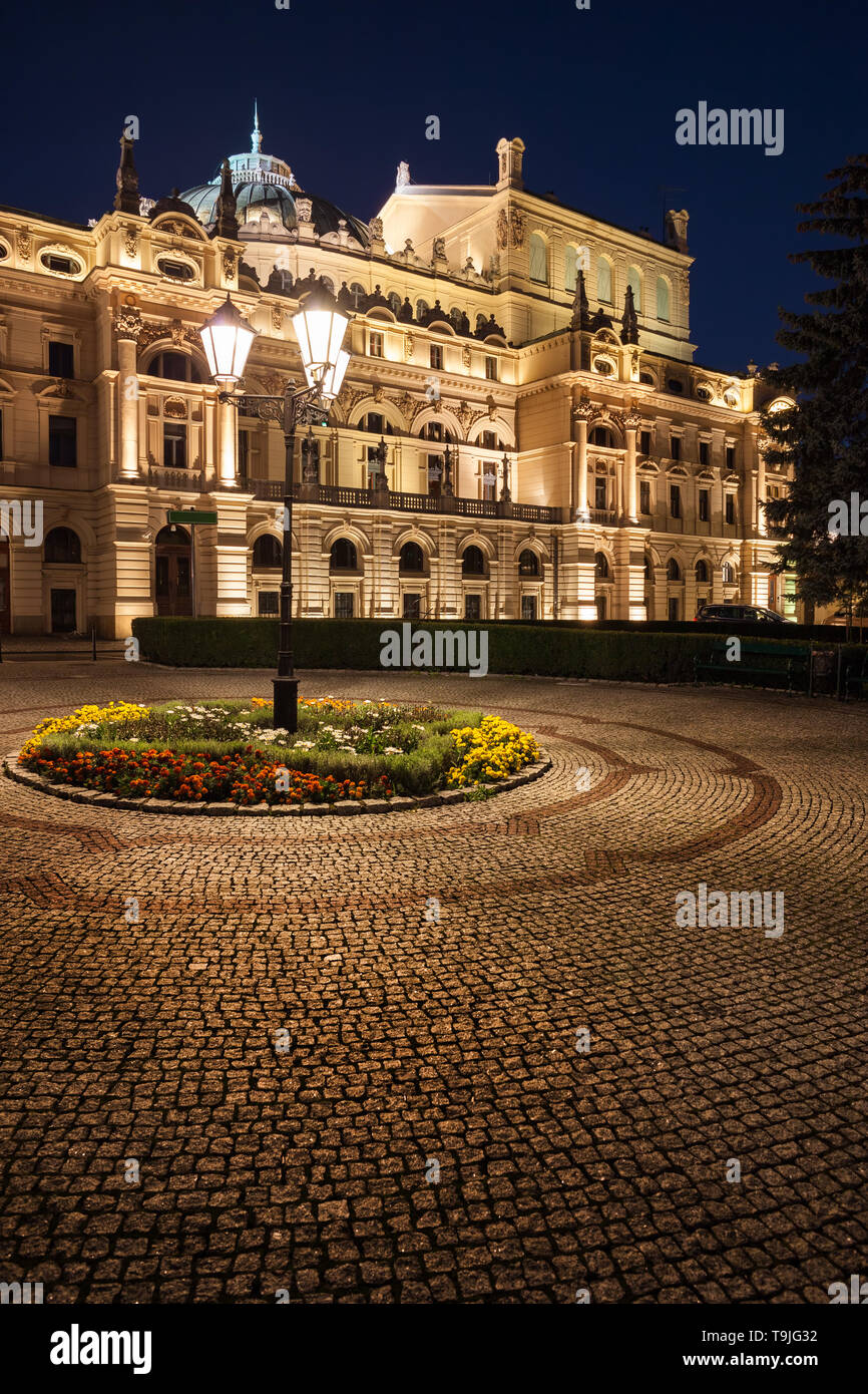 Juliusz Słowacki Theatre at night in Krakow, Poland, Eclectic style city landmark from 1893 with neo-baroque elements. Stock Photo