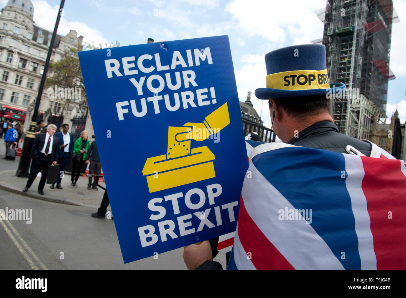 Parliament Square, Westminster, London. May 17th 2019. Remain protester Steve Bray holds a placard encouraging people to vote to Stop Brexit. Stock Photo