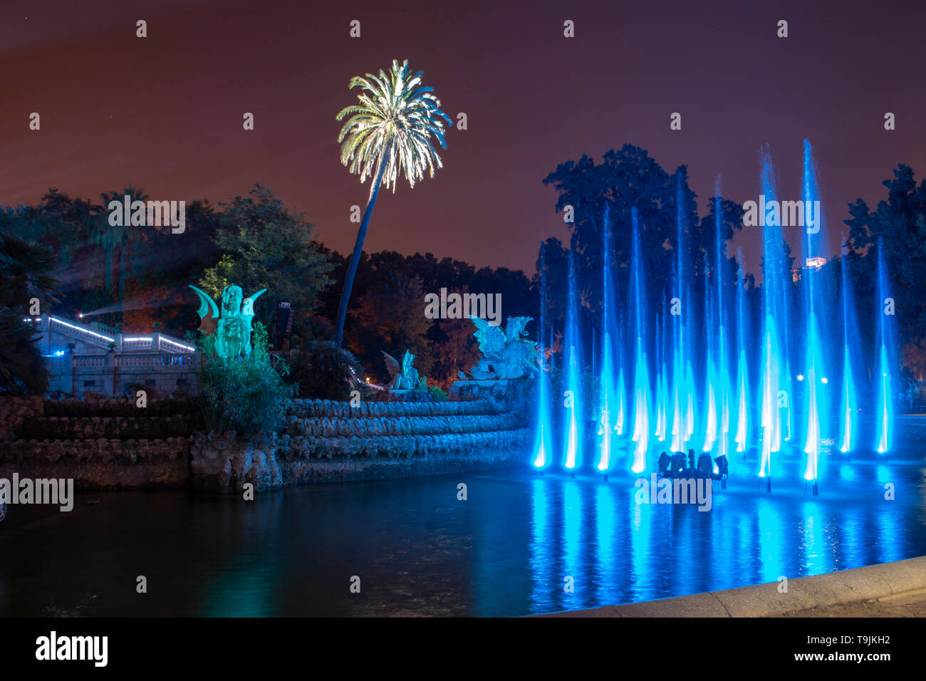 Bottom of the Ciutadella, public park at night and illuminated of the city of Barcelona. Night parties in the city of Barcelona. Party  the merçé. Stock Photo