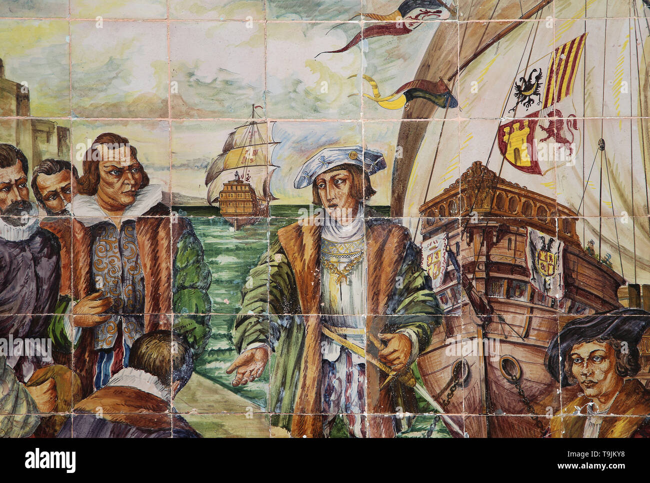 La Coru–a. Emperor Charles V ( 1500-1558 ) embarking in 1520 destination Germany. Tiles. Spain Square. Seville. Spain. Detail. Stock Photo