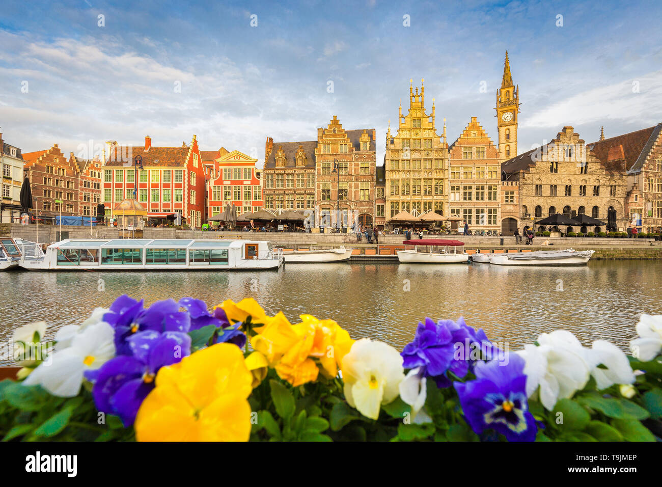 Panoramic view of the historic city center of Ghent with beautiful Leie river on a sunny day, East Flanders region, Belgium Stock Photo