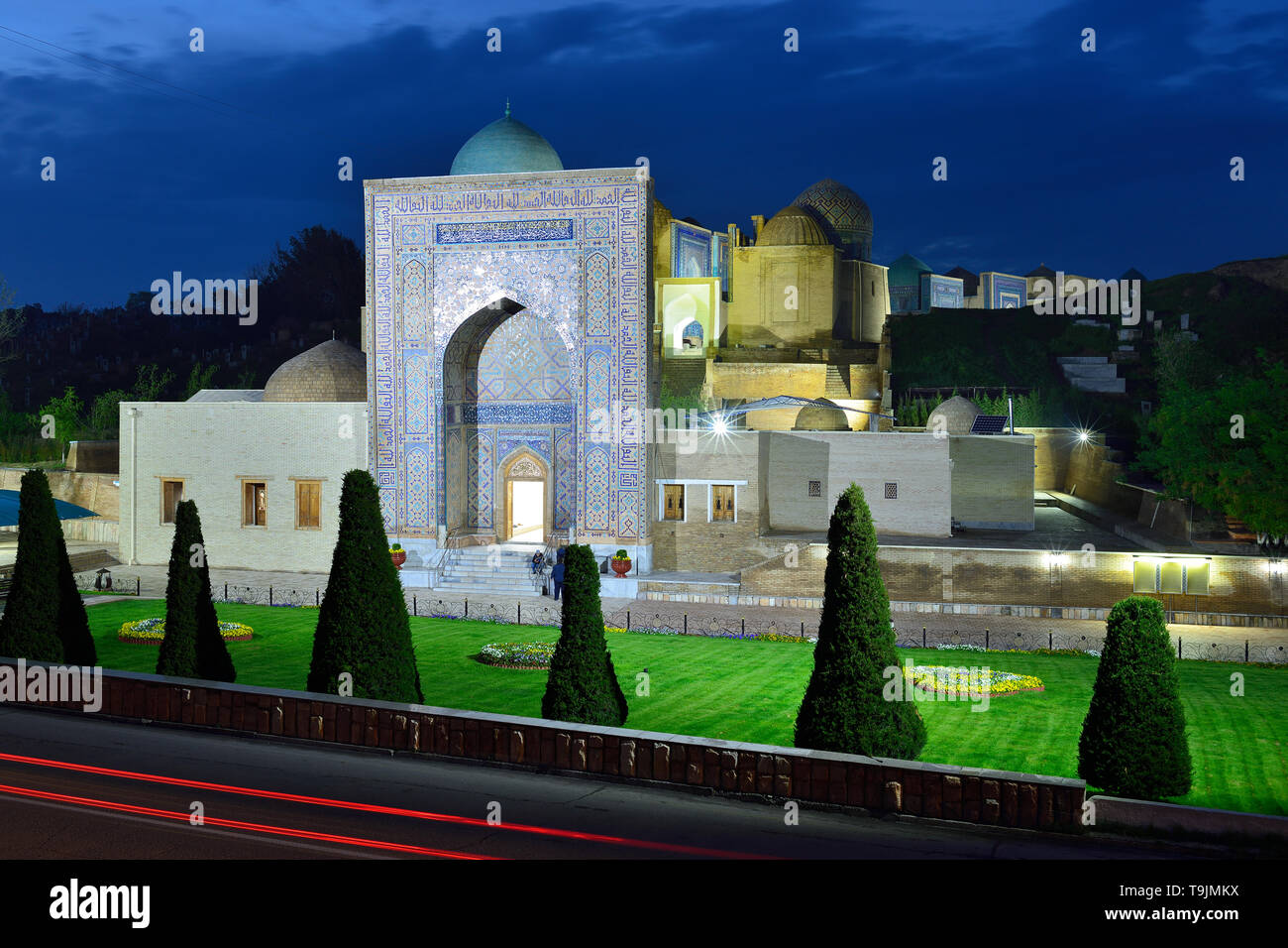 Main gate to the historical necropolis of Shakhi Zinda was formed over eight (from 11th till 19th) centuries at the night. Samarkand, Uzbekistan Stock Photo