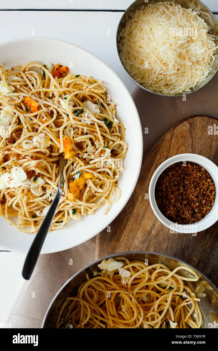 Quick and delicious italian pasta spaghetti with fried eggs