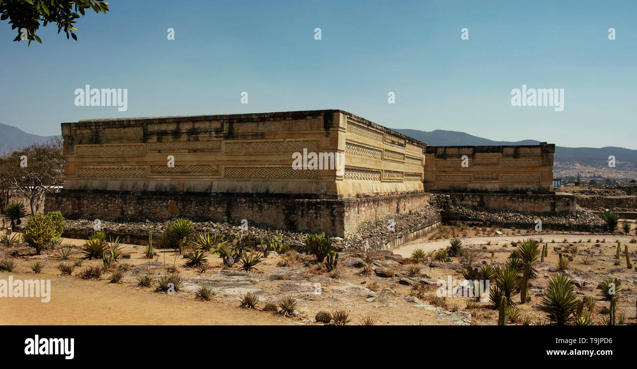Panoramic shot of Zapotec ruins, part of the Columns Group structures. Mitla archeological site, Oaxaca State, Mexico. Apr 2019 Stock Photo