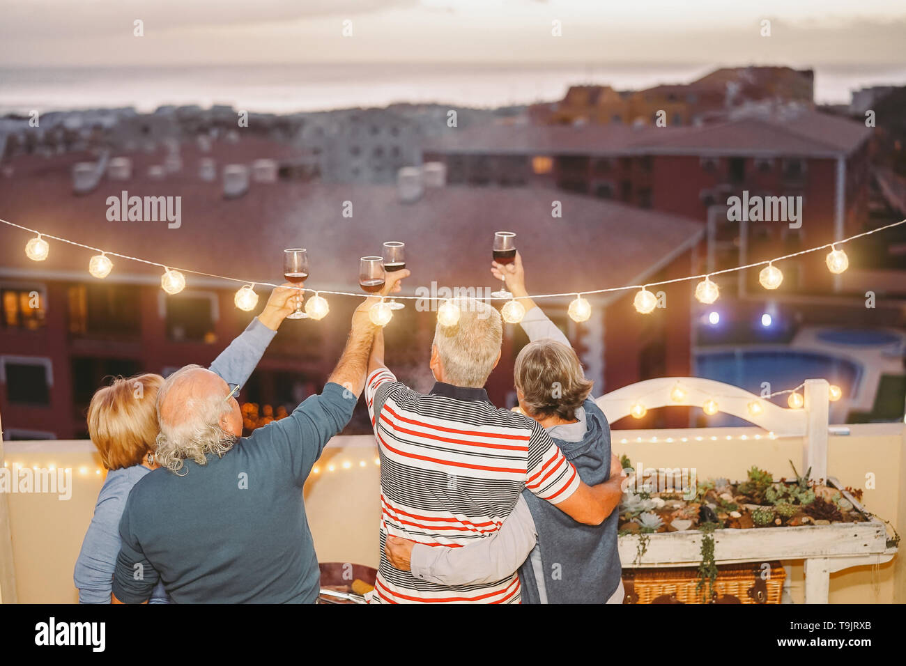 Happy senior friends cheering and toasting with red wine on rooftop - Mature people having fun and drinking at barbecue party in terrace Stock Photo