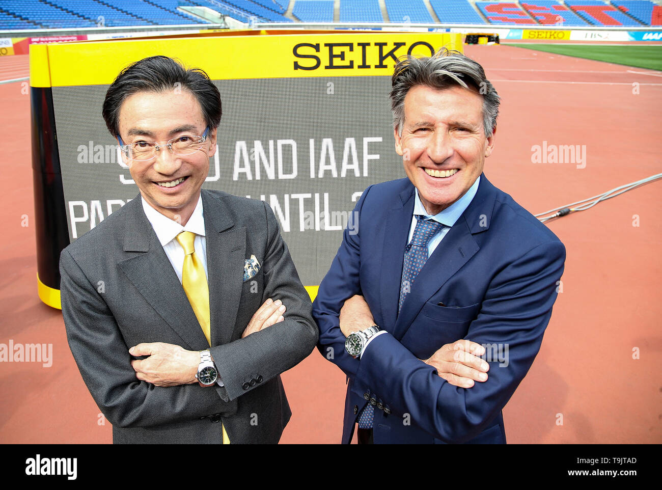 YOKOHAMA, JAPAN - MAY 10: The CEO of Seiko, Mr Shinji Hattori and the IAAF  President Sebastian Coe during the official Seiko announcement at the 2019  IAAF World Relay Championships at the