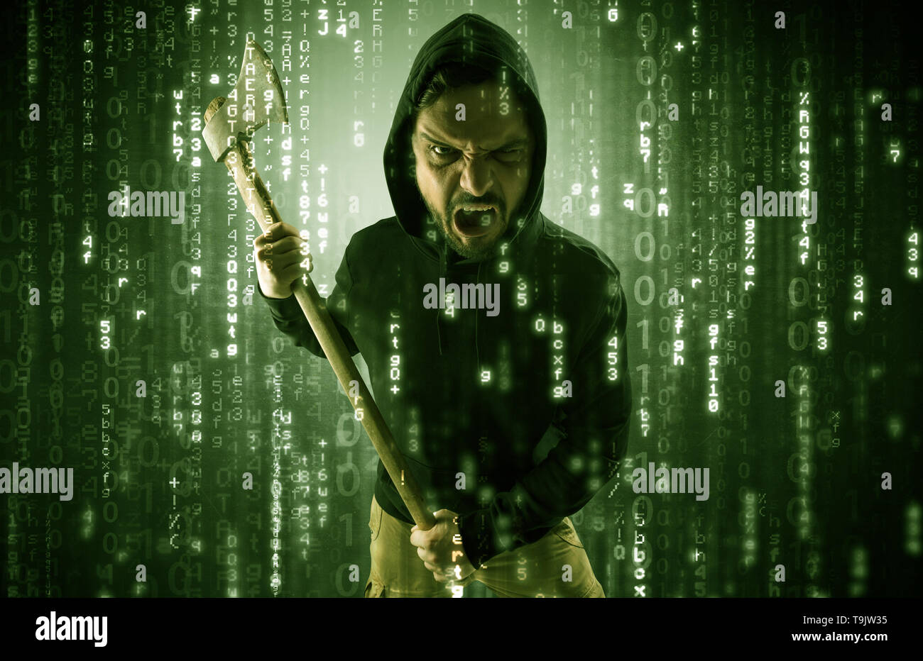 Masked and armed anonymous hacker breaking in cyber security cloud data concept Stock Photo