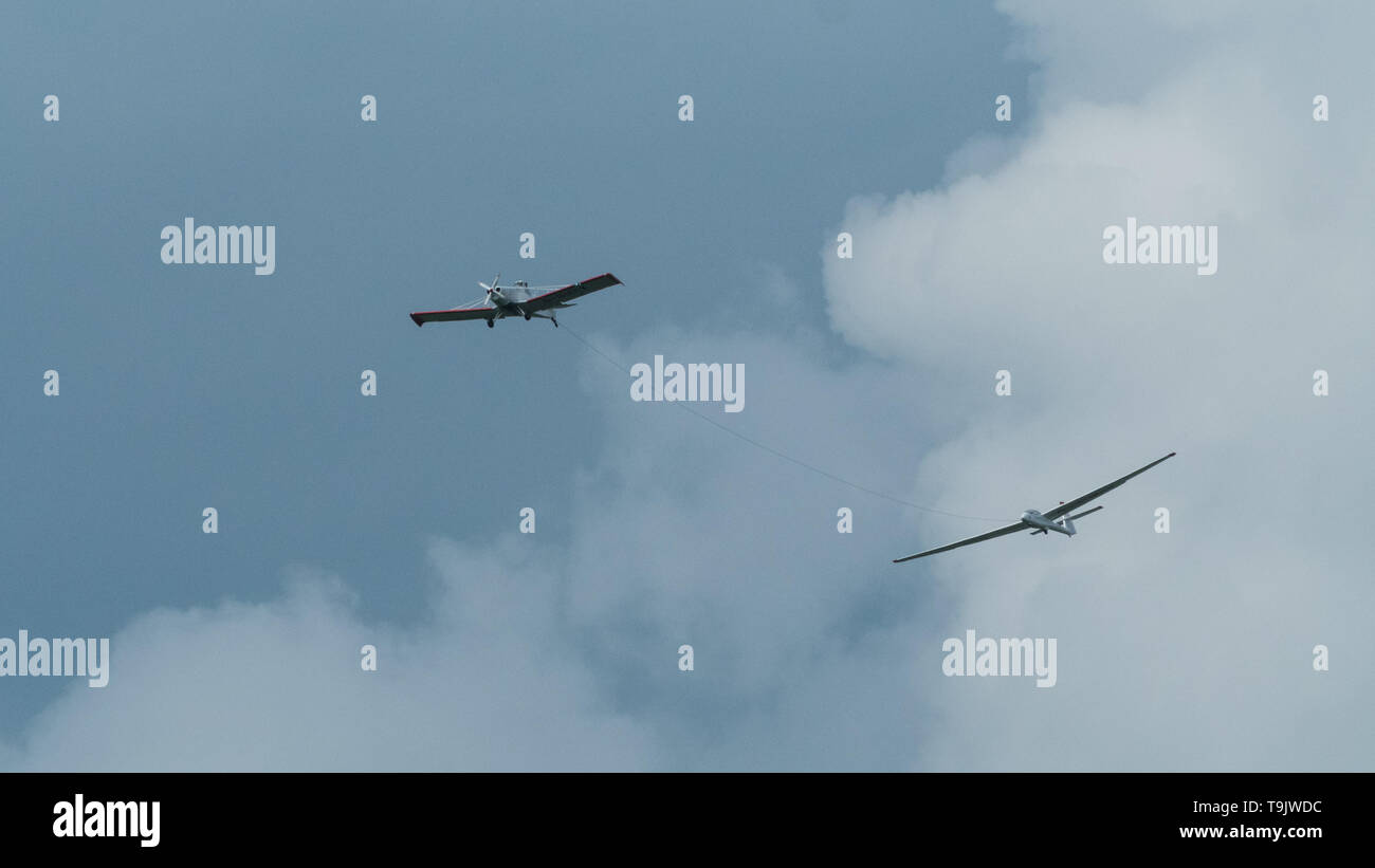 A glider is towed into the air from Kingston Deverill airfield, Wiltshire. Looking for a thermal