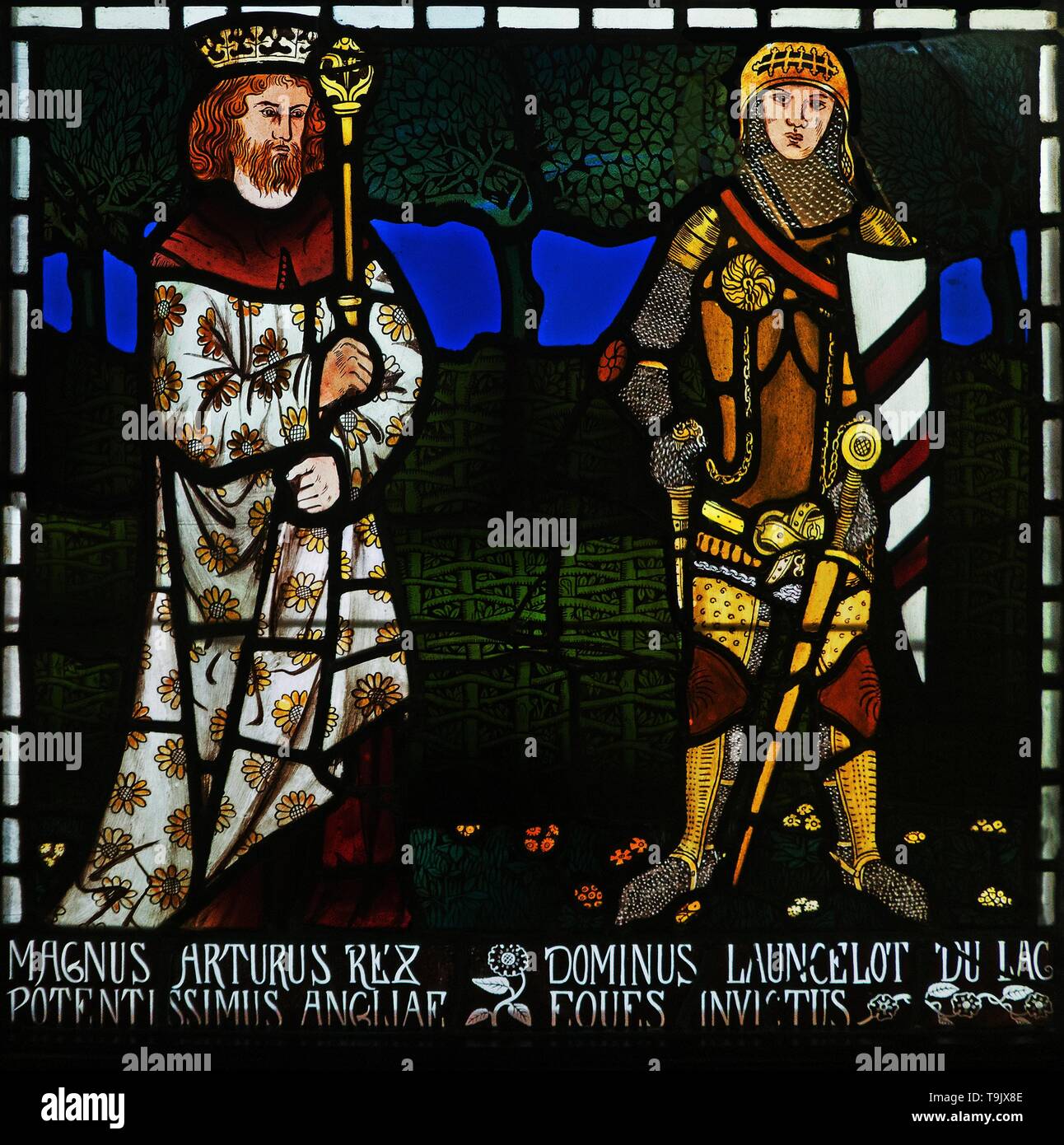 King Arthur and Sir Lancelot. Museum: Cliffe Castle, Keighley. Author: Morris & Co. Stock Photo