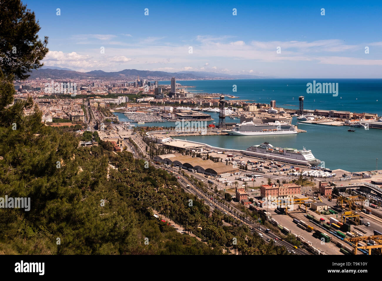 Panoramic view over Port Vell from the summit of Montjuïc, Barcelona, Catalonia, Spain Stock Photo