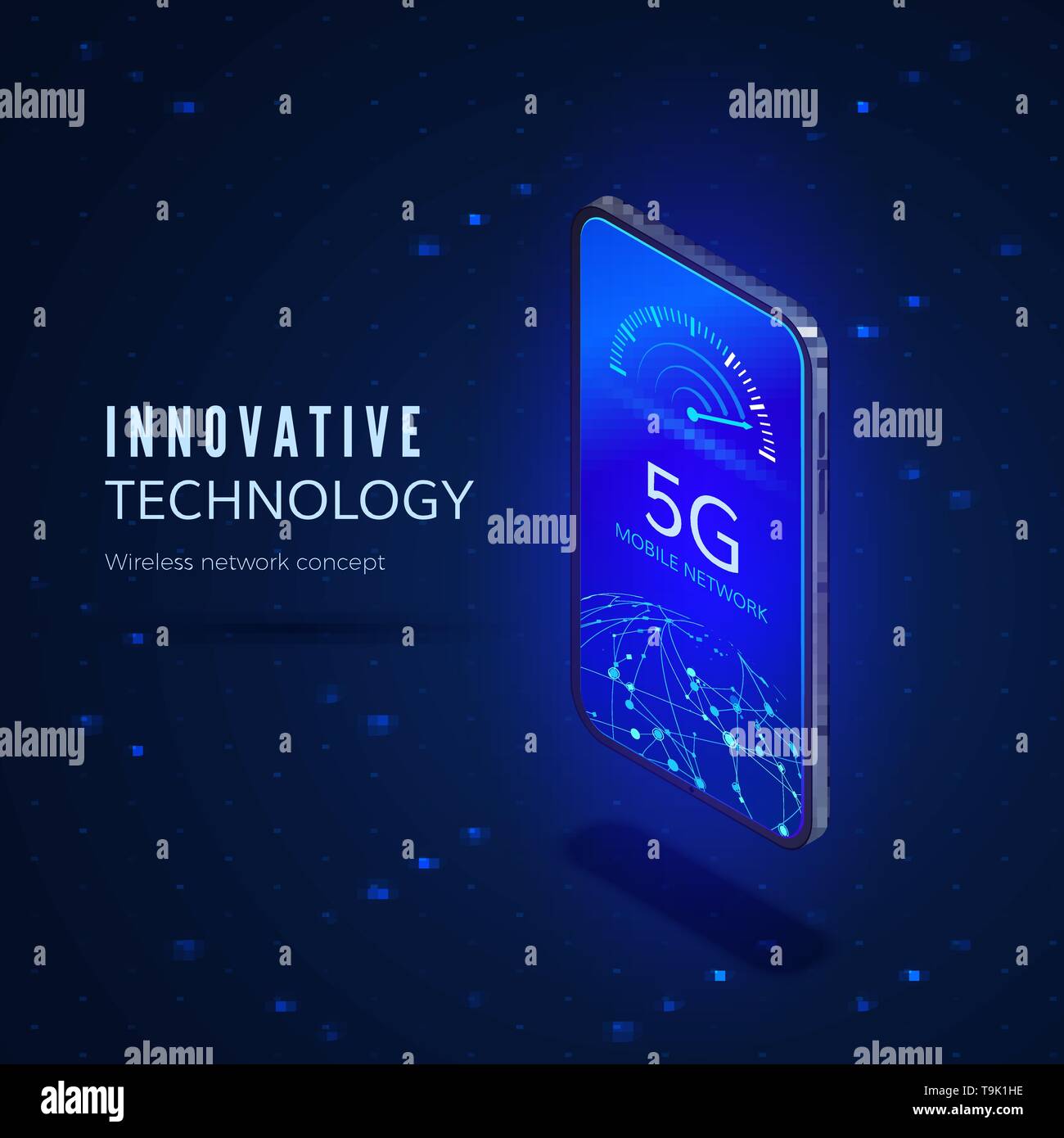 5G network innovation technology banner. Wireless systems and internet. Communication network. Mobile phone with internet speed indicator and global n Stock Vector