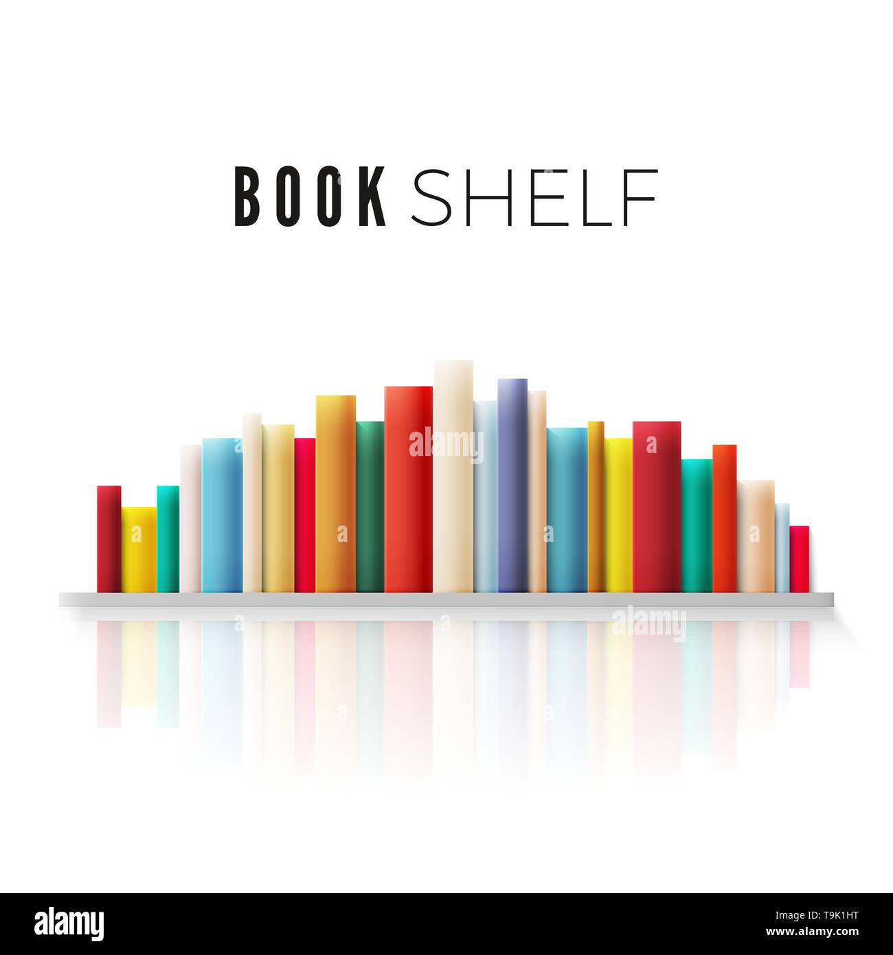 Bookshelf lined with books in retro color with reflection. Vector illustration isolated on white background Stock Vector