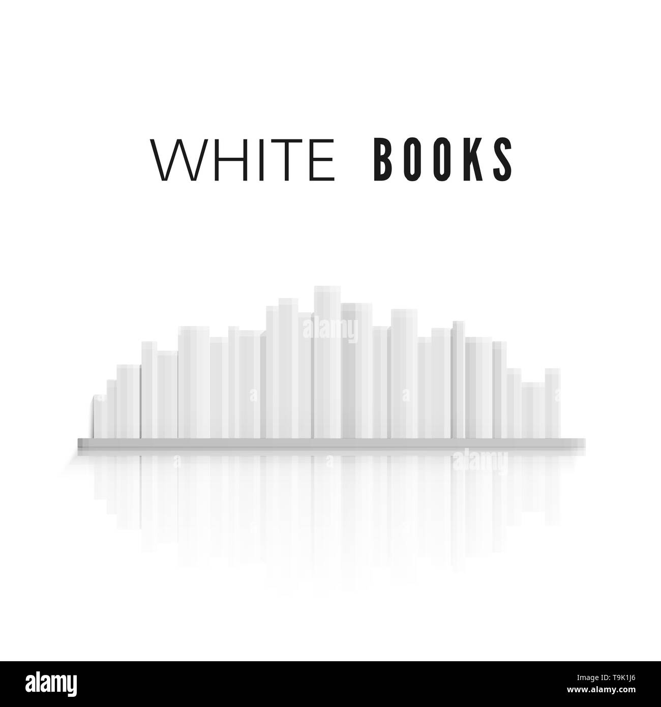 Stack of white books on bookshelf  with reflection. Books spine for your design. Vector illustration Stock Vector