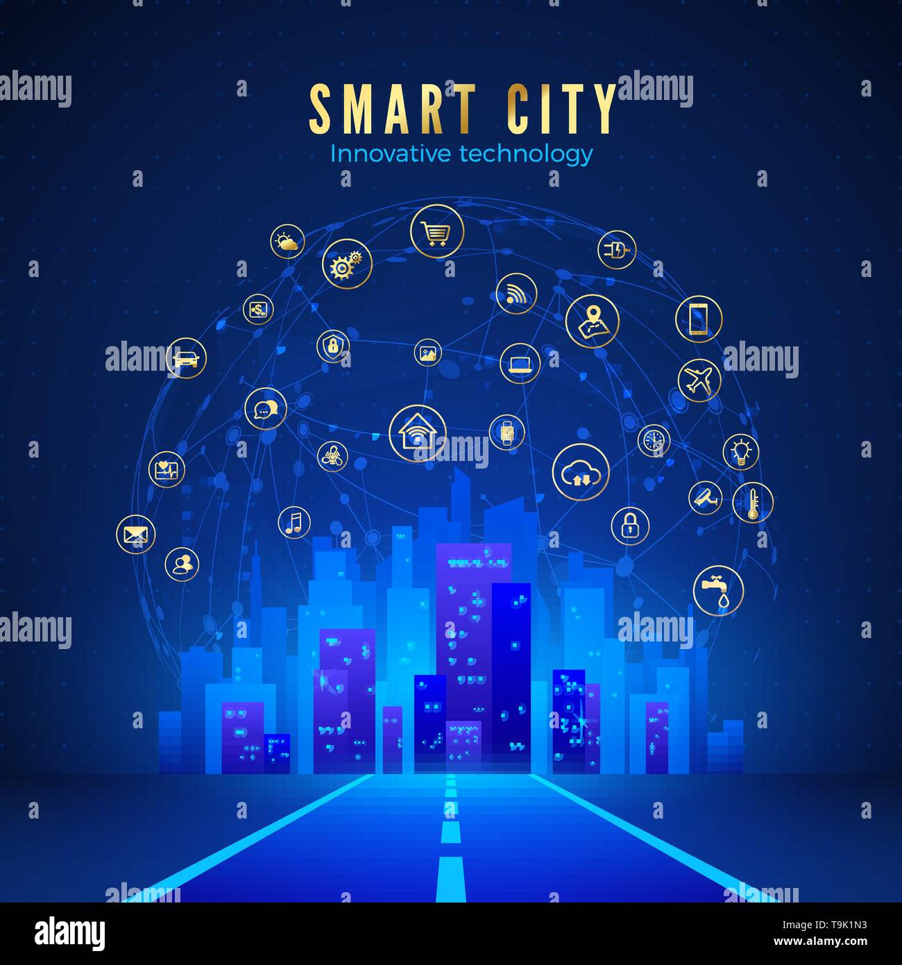 Smart city or IOT concept. Road leading to city landscape in blue color and global web with smart systems icons on background. Vector illustration Stock Vector