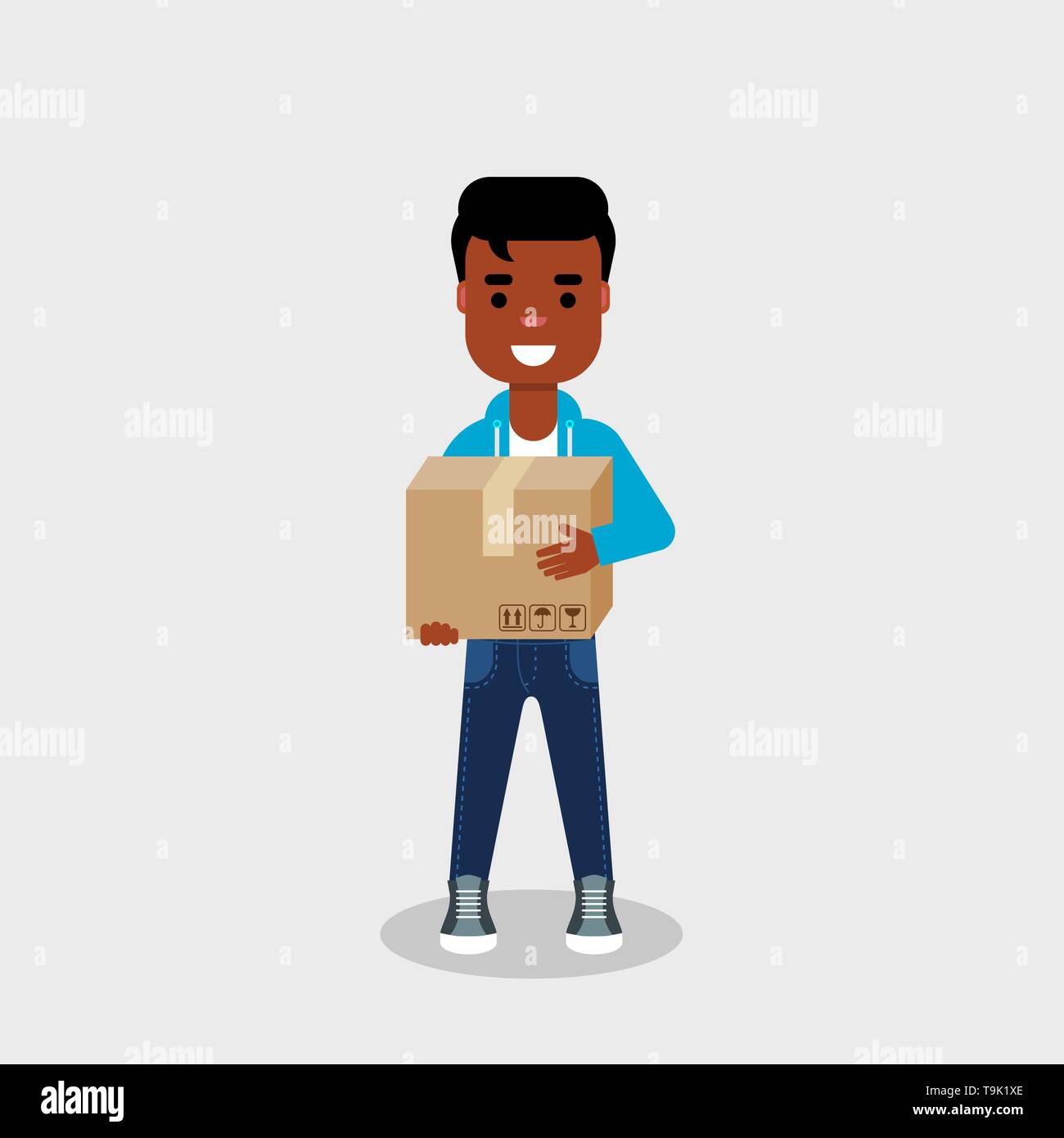 A young happy African American man holding a cardboard box. Delivery service concept. Moving day concept. Casually dressed character, closed package Stock Vector