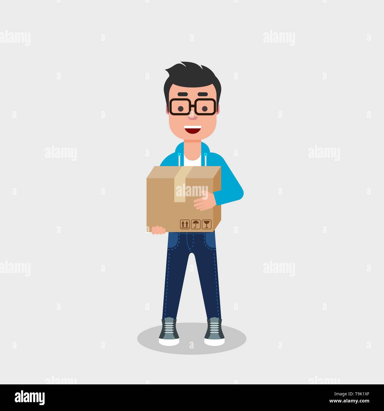 A young happy man holding a cardboard box. Delivery service concept. Moving day concept. Casually dressed character with closed packaging box. Vector Stock Vector