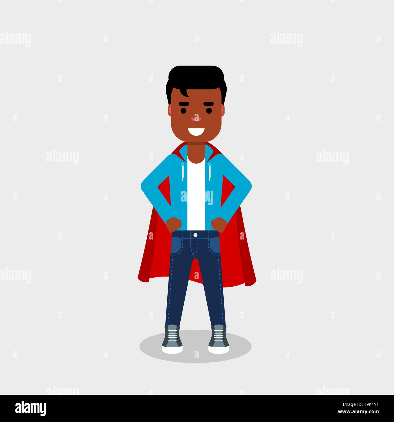Young African American man wearing a superhero costume. Self confidence, self  esteem, proud, concept. Smiling character in superman pose. Vector Stock  Vector Image & Art - Alamy