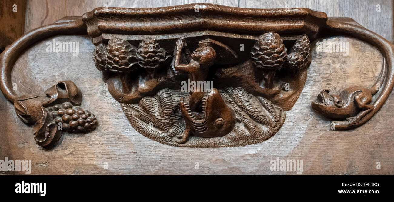 A medieval misericord depicting Jonah being cast ashore on Nineveh, Ripon Cathedral, Yorkshire, UK Stock Photo