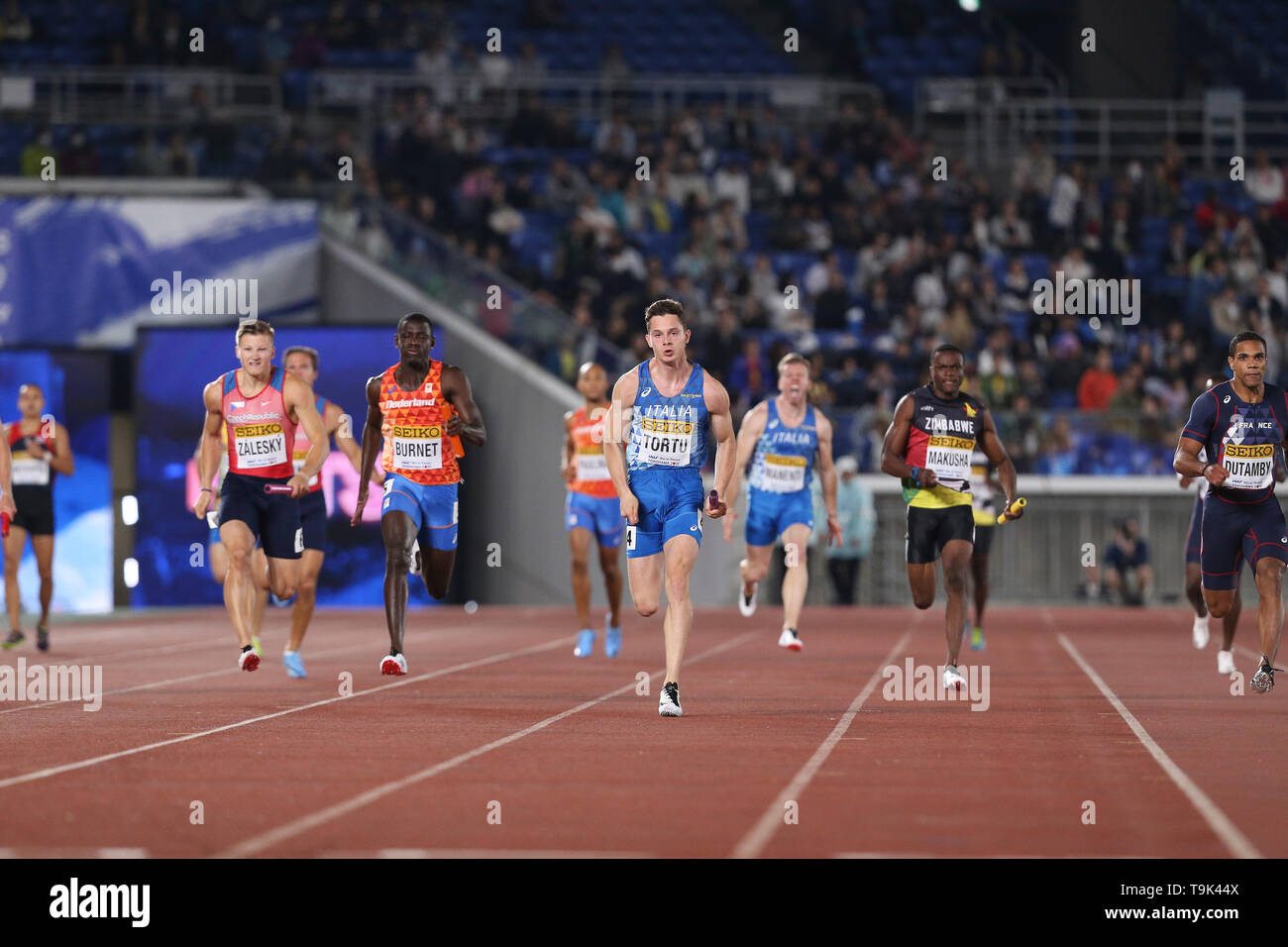 Yokohama Japan May 10 Filippo Tortu Of Italy In The Heats Of The Mens 4x100m Relay During Day 1 Of The 19 Iaaf World Relay Championships At The Nissan Stadium On Yokohama Japan May 10 Filippo Tortu Of Italy In The Heats Of The Mens 4x100m Relay During Day 1 Of The 19 Iaaf World Relay Championships At The Nissan Stadium On