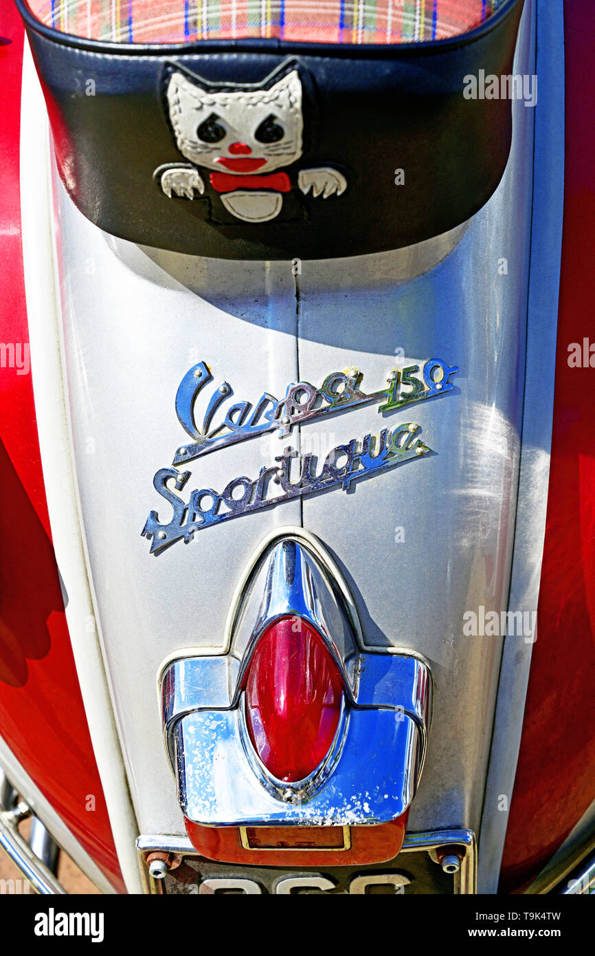 White Red Vespa 150 Sportique scooter rear detail with cat logo Stock Photo