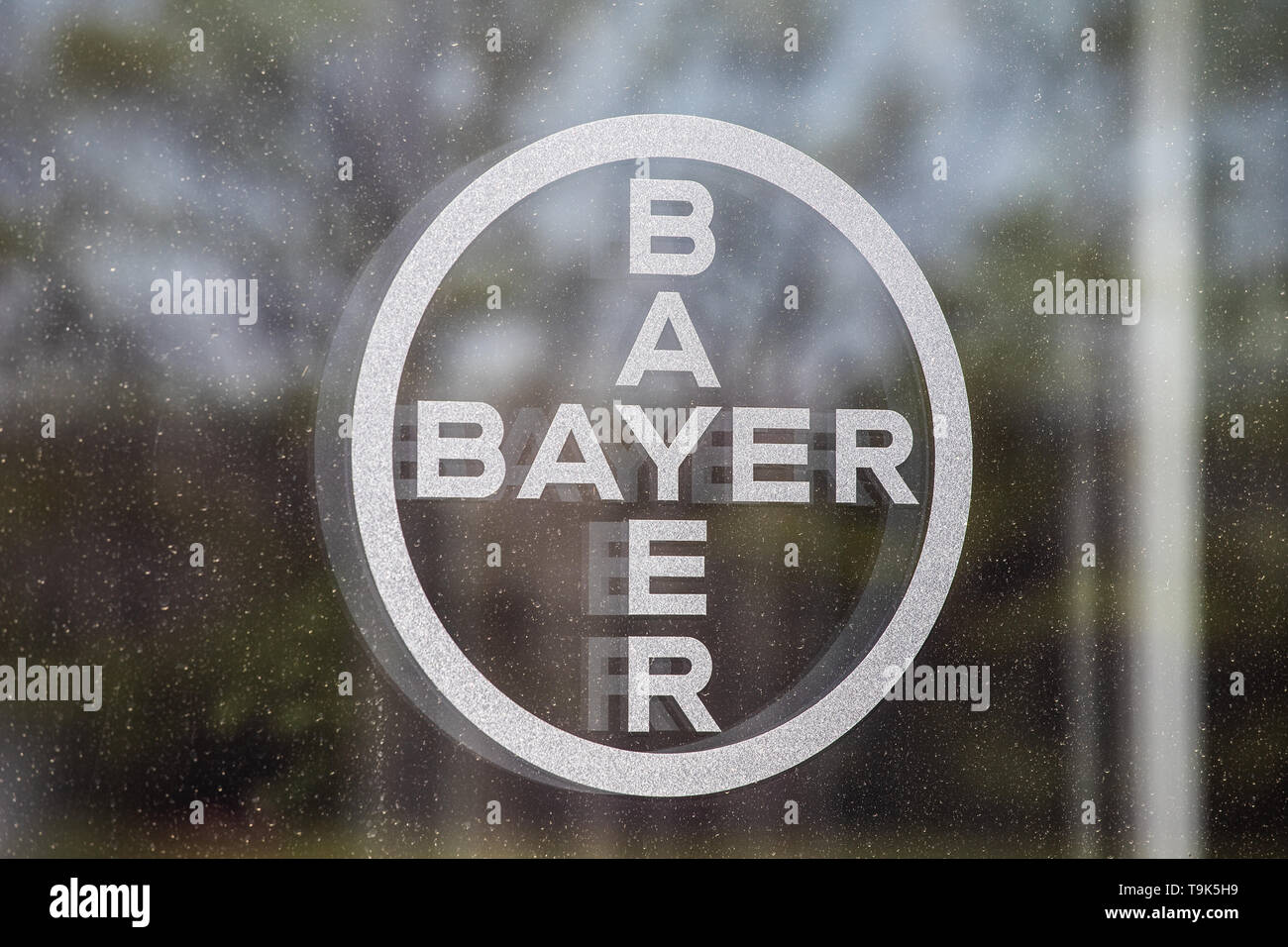 Whitestown - Circa May 2019: Bayer AG logo. After the acquisition of Monsanto, Bayer is responsible for its glyphosate lawsuits II Stock Photo
