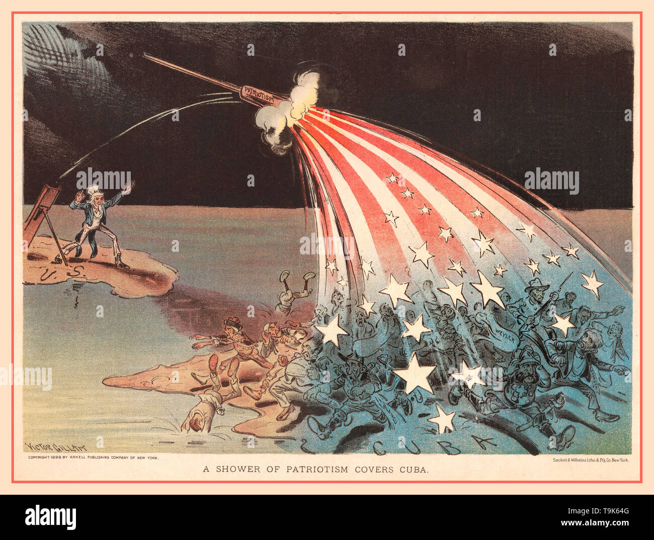 Vintage 1890's Cuba American Political illustration 'Showering Patriotism over Cuba' [1898] A cartoon map from ‘Judge Magazine’ supporting the Spanish-American War. Uncle Sam launches a barrage from the U.S. that shows as patriotic fireworks - and routes the Spanish in Cuba. One of those fleeing from the attack is General Valeriano Weyler, installed by the Spanish as Governor of Cuba in 1896 with the mission of suppressing the War of Independence. Stock Photo