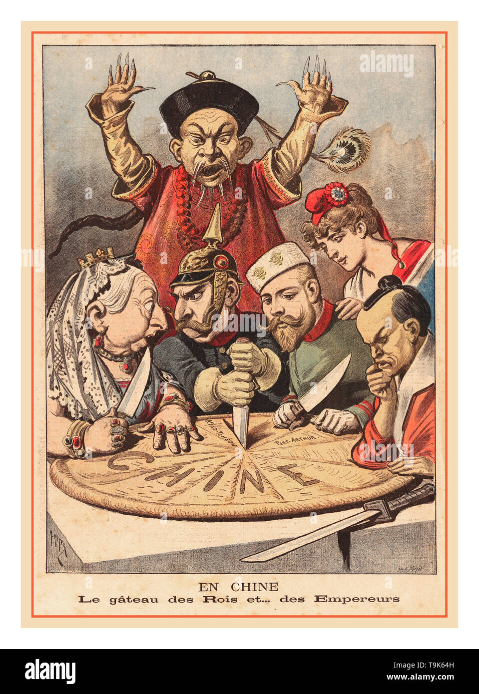 Vintage political illustration carving 'The Cake of China' 1900's The great powers of Europe, brandishing knives, competing to carve up China: Queen Victoria, Kaiser Wilhelm II, and Czar Nicolas II. Marianne of France looks on, supporting her Russian ally. Japan contemplates what move to make, while a caricature of China is dismayed but powerless Stock Photo