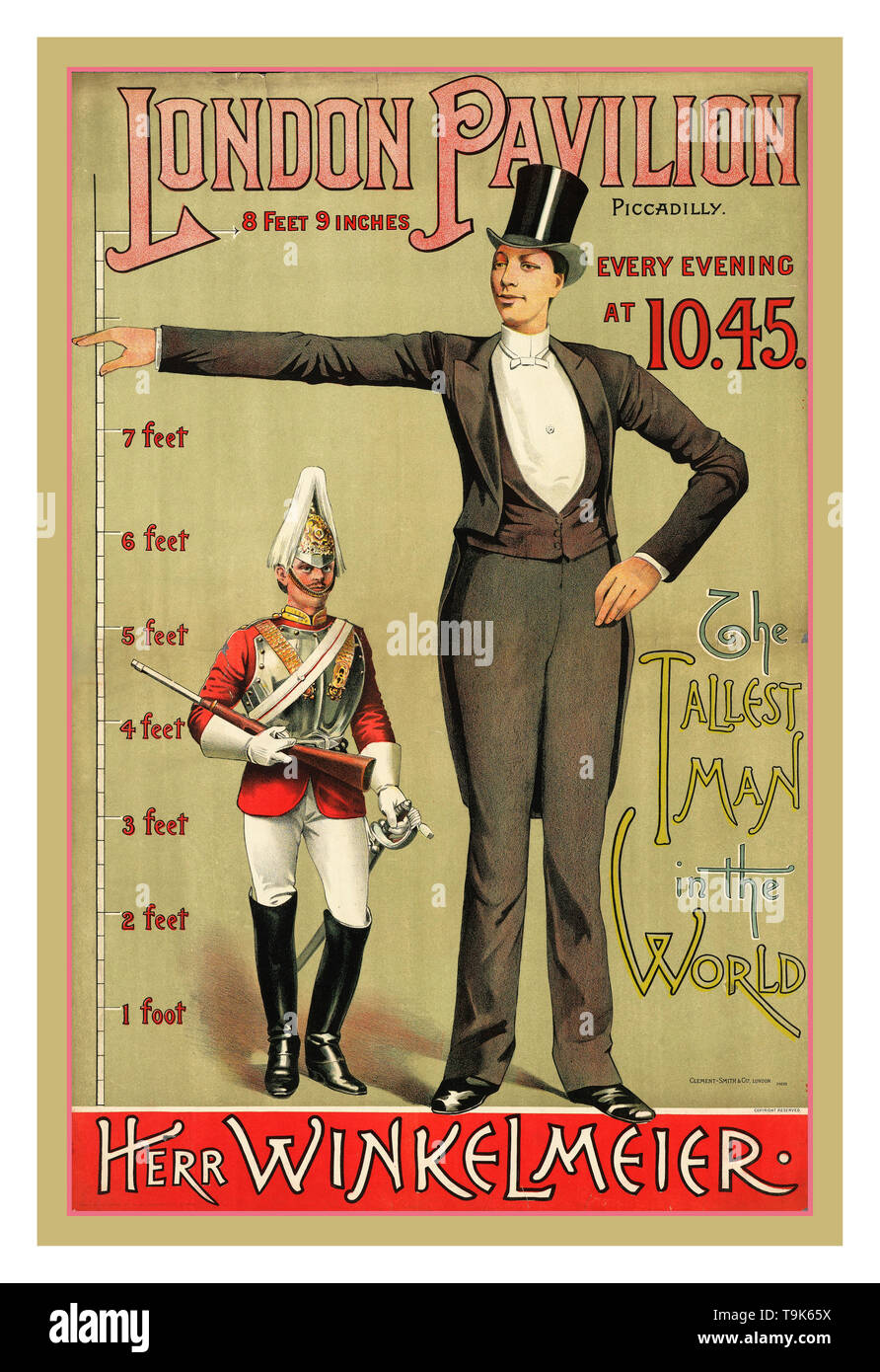 Giant 'Freak' Show Poster 1880's entertainment.  London Pavilion, Piccadilly London every evening at 10.45  'The tallest man in the world' : 'Herr Winkelmeier'. Giant Freak Show Poster advertising the appearance of Herr Winkelmeier (who was 8 feet 9 inches tall) in a variety show organised by Mr. E. Villiers at the London Pavilion in Piccadilly in 1885. Born on 27 April 1860 in Lengau, Austria, Winkelmeier was advertised as the tallest man who ever existed. He toured Europe, having previously 'created... a sensation at the Folies Bergeres, Paris' and was introduced to Queen Victoria in 18 Stock Photo