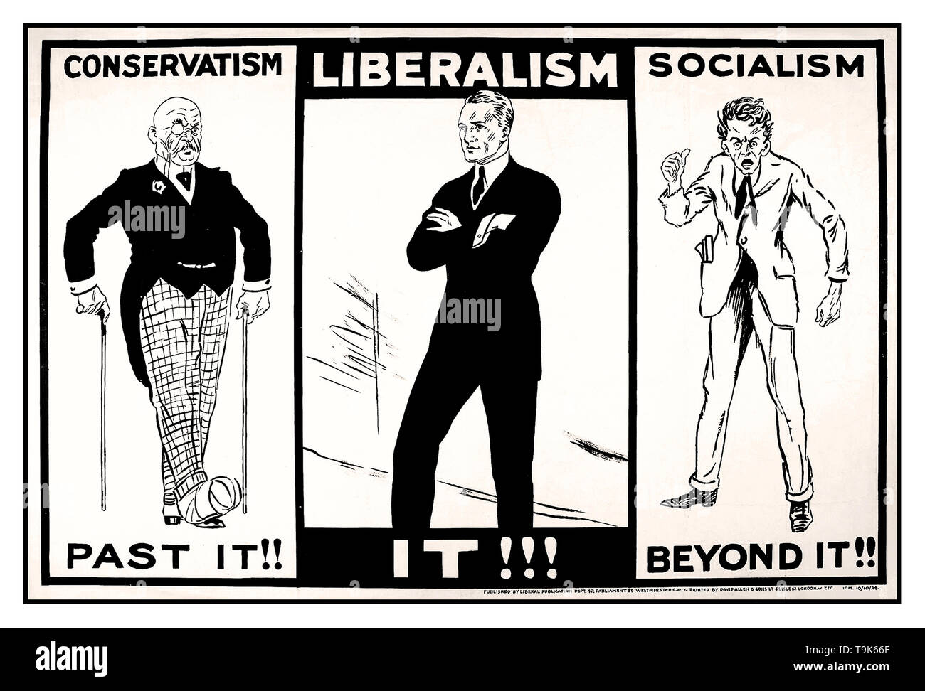 Vintage old historic UK British Political propaganda poster 1924 for The Liberal Party Poster - UK...Conservatism PAST IT..Liberalism IT !!! Socialism BEYOND IT !! Stock Photo
