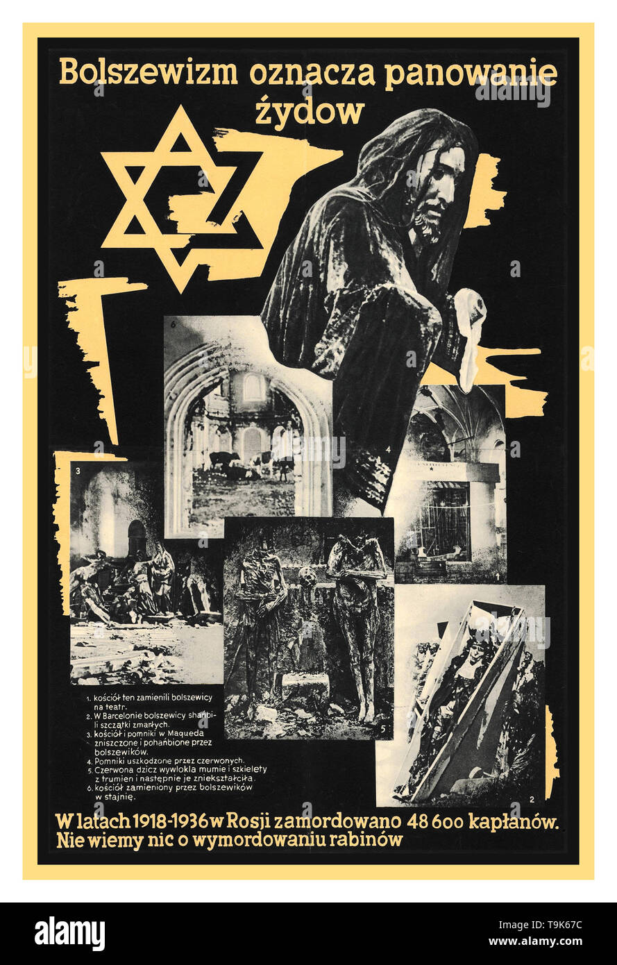 Vintage WW2 Nazi anti semitic propaganda poster in occupied Poland 'Bolshevism means Jewish dominance'. 'Between 1918 and 1936 48600 priests were murdered in Russia. We haven't heard anything about killing rabbis.' Nazi Germany Occupied Poland, 1941 World War II Stock Photo