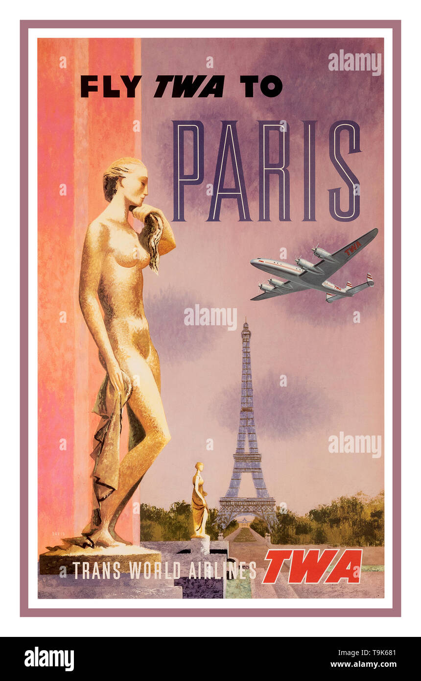 Vintage TWA Airline Poster 'Paris Fly TWA' Travel Poster, Constellation Aircraft David Klein 1950 Stock Photo