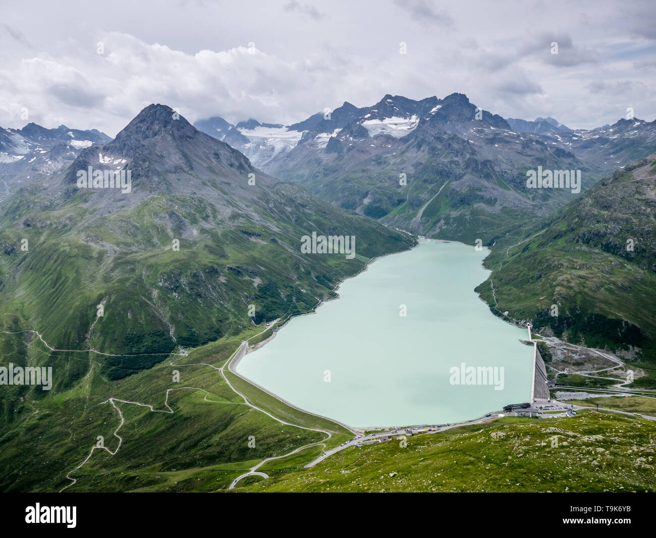 View over Silvretta Reservoir, peak Hohes Rad and Bielerhoehe mountain pass, Austria Stock Photo