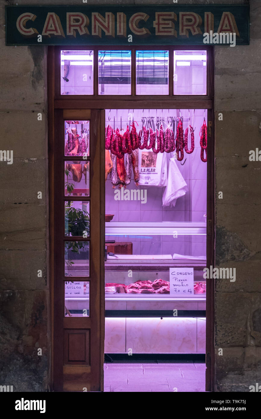 View of a butcher's shop (Spanish "Carniceria") in the old town of Laguardia, Rioja, Alava
