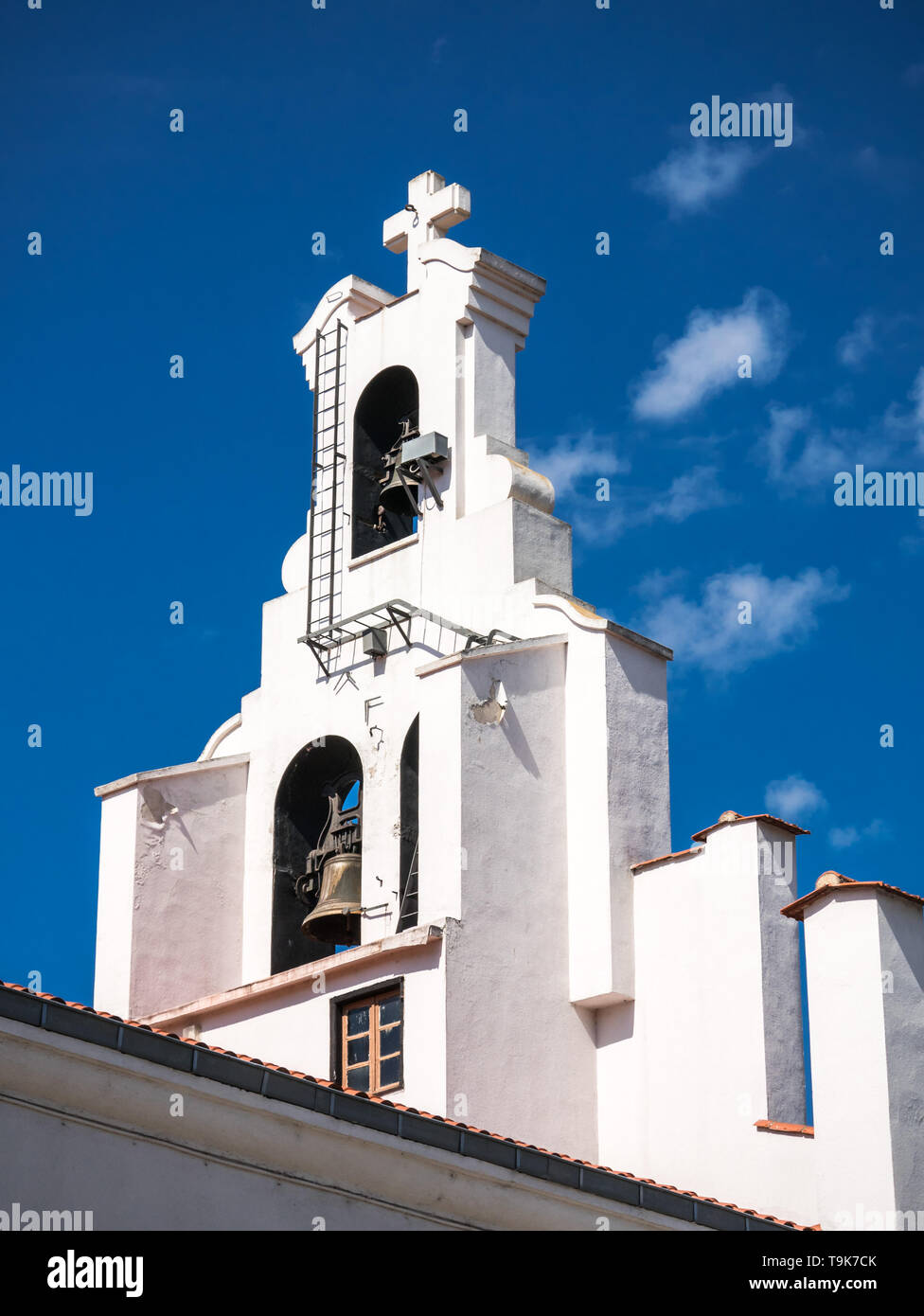 Bell tower of the church in the San Cristobal quarter of Vitoria-Gasteiz, Basque Country, Spain Stock Photo