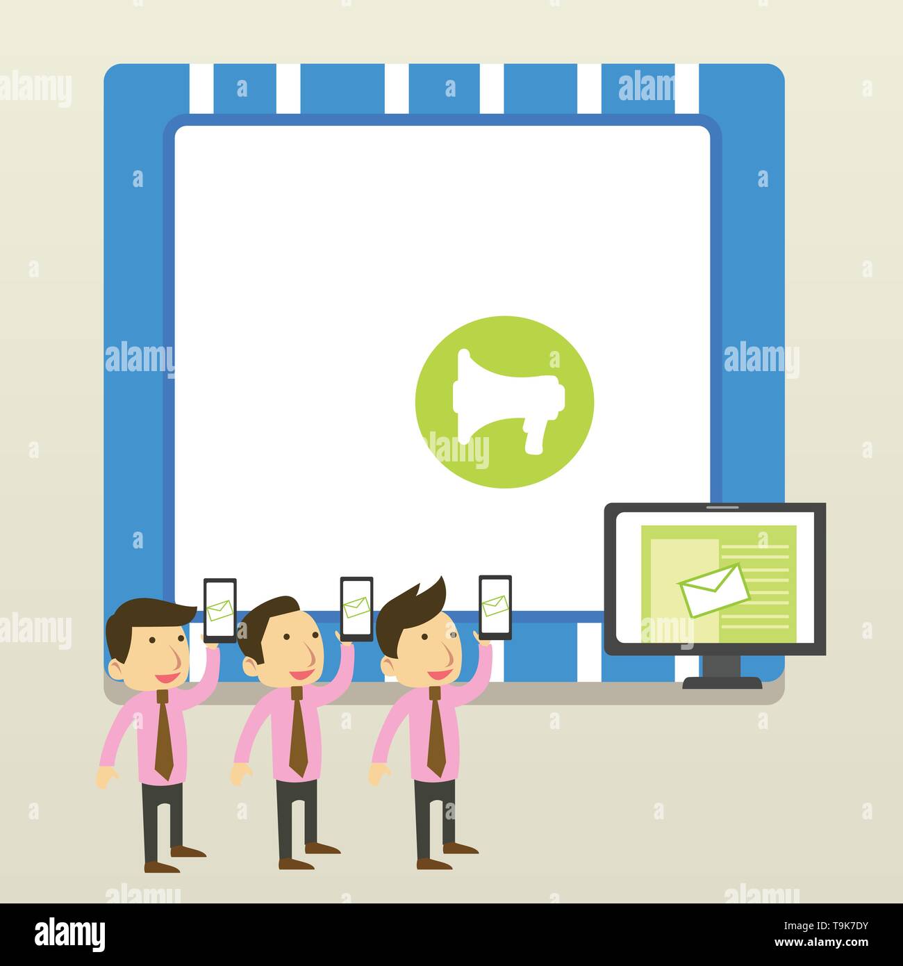 SMS Email Marketing Media Audience Attraction Personal Computer Loudspeaker Copy Space design Empty template text for Ad, promotion, poster, flyer, we Stock Vector