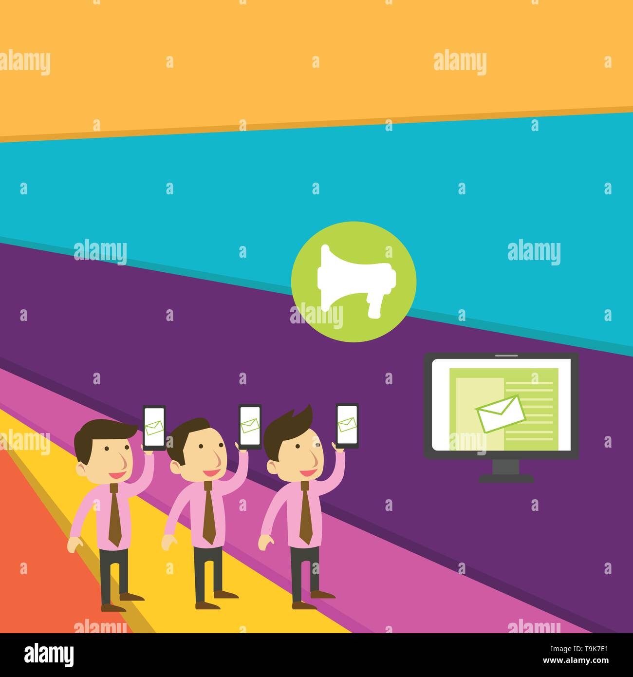 SMS Email Marketing Media Audience Attraction Personal Computer Loudspeaker Design business Empty copy space text for Ad website promotion isolated Ba Stock Vector