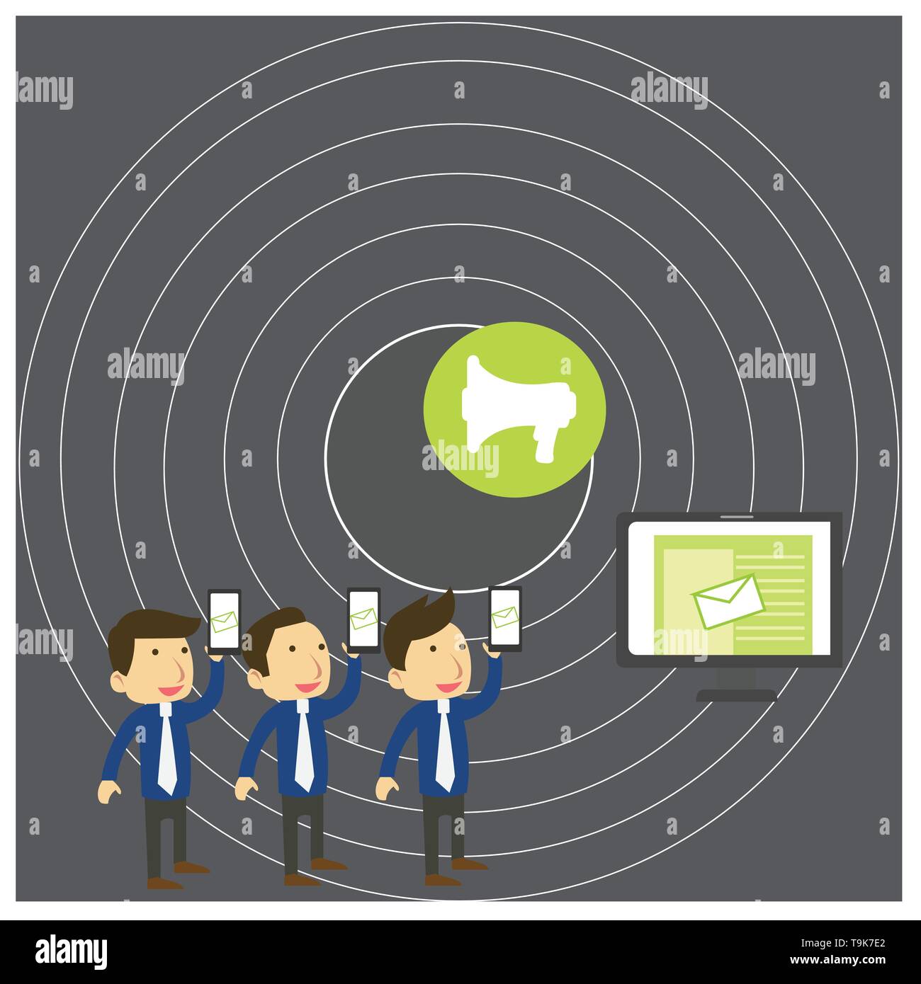 SMS Email Marketing Media Audience Attraction Personal Computer Loudspeaker Business concept Empty template copy space isolated Posters coupons promot Stock Vector