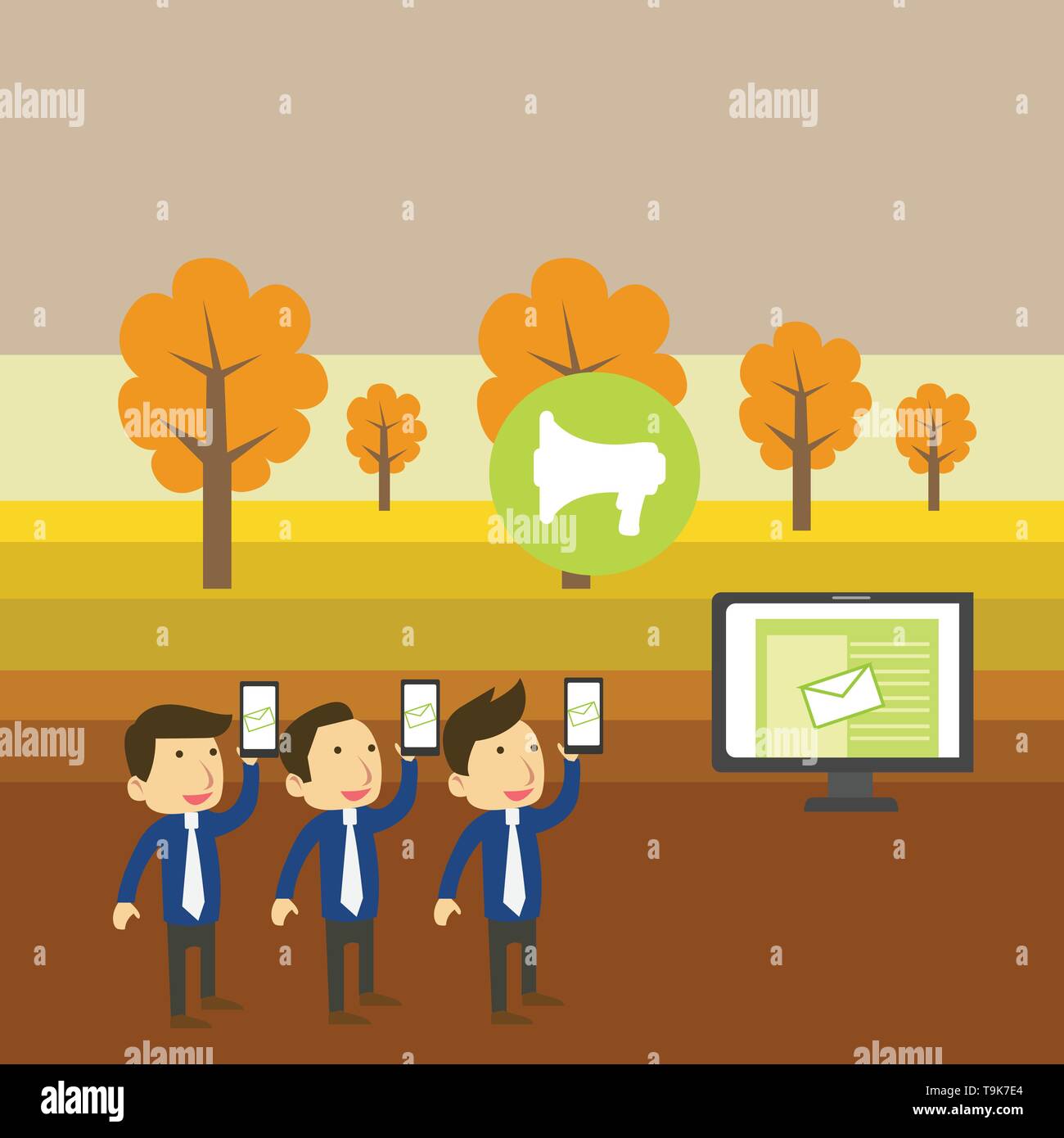 SMS Email Marketing Media Audience Attraction Personal Computer Loudspeaker Design business concept Empty copy text for Web banners promotional materi Stock Vector