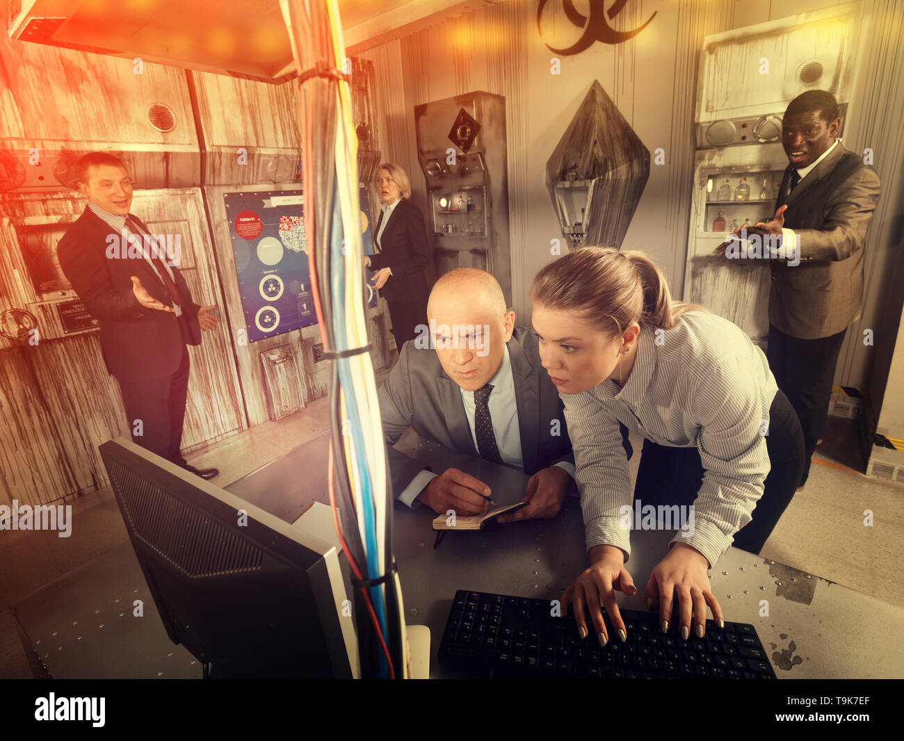 Toned Image Of Businesspeople Trying To Get Out Of Escape