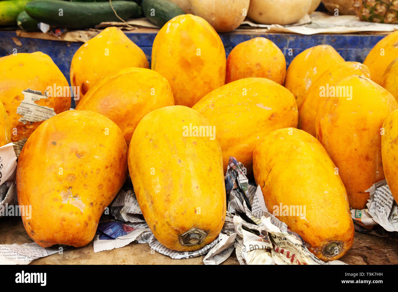 Papayas or pawpaws for sale on a market stall in Mexico, Latin America Stock Photo