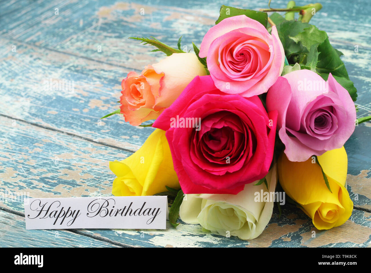 Happy Birthday Card with Bouquet of Pink Roses Stock Photo - Alamy