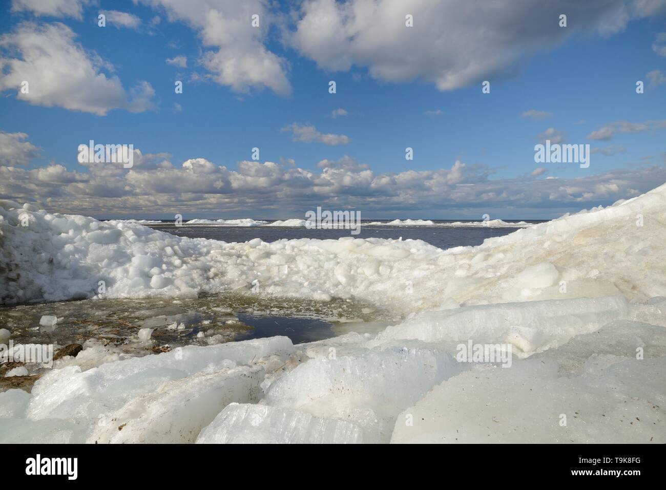 Wind-blown lake ice piled up near the shore of Lake Peipsi in spring, Estonia, April. Stock Photo