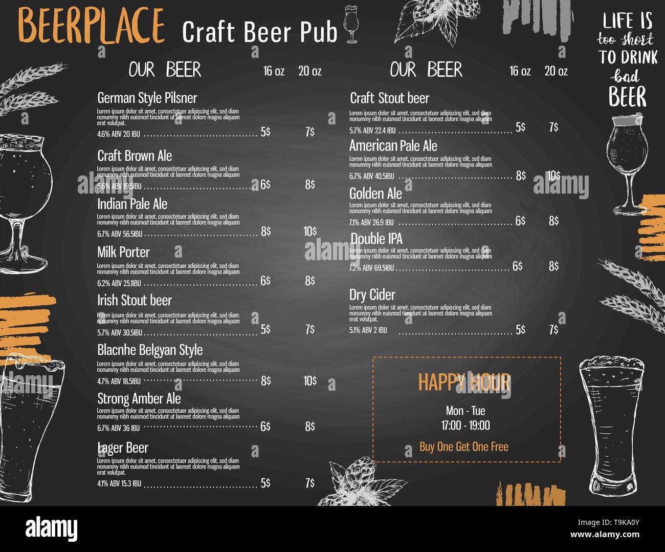 Beer menu template for pub or brewery with hand drawn elements Stock Vector