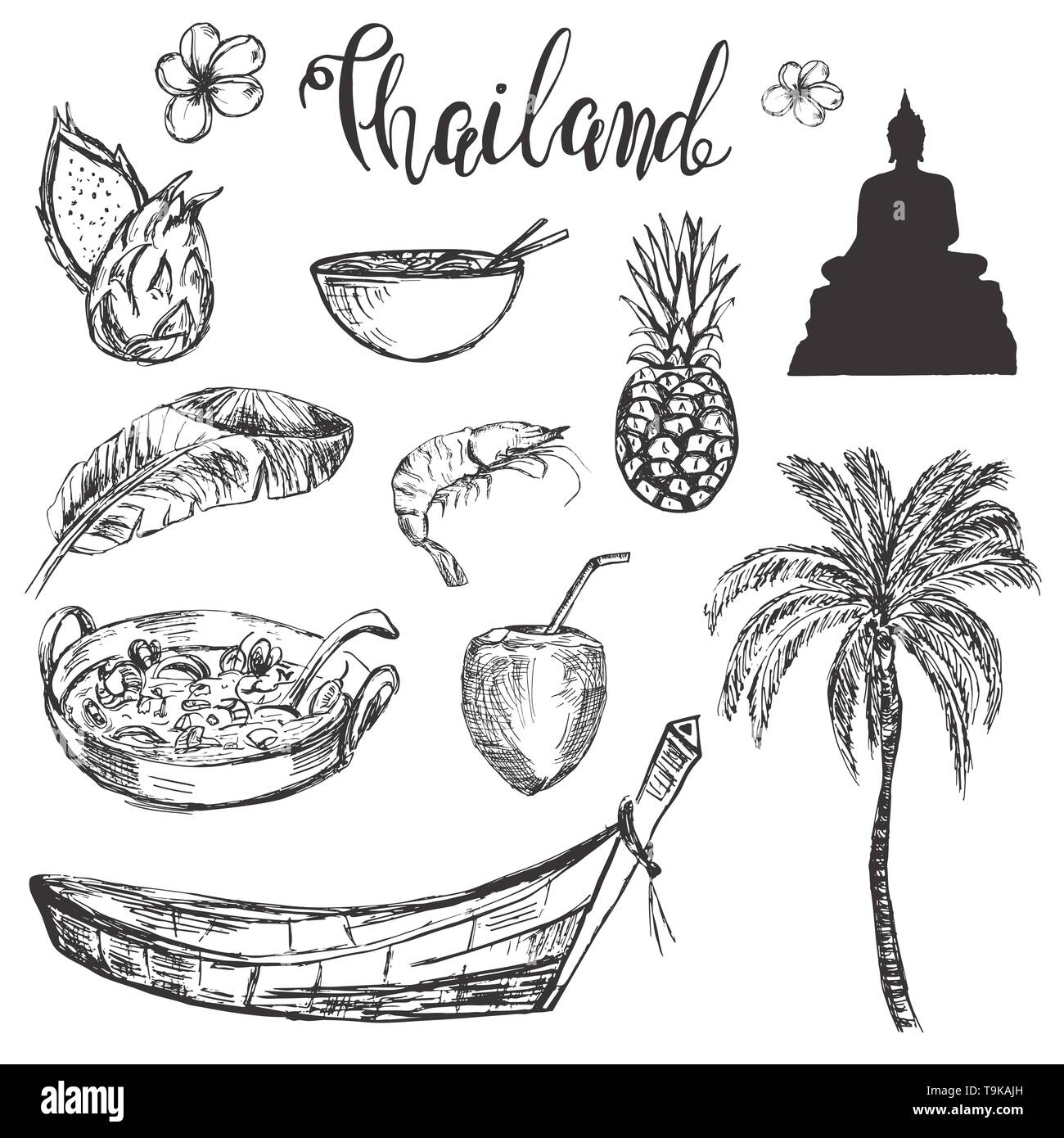 Hand drawn set with hand drawn Thailand accosiated symbols Stock Vector