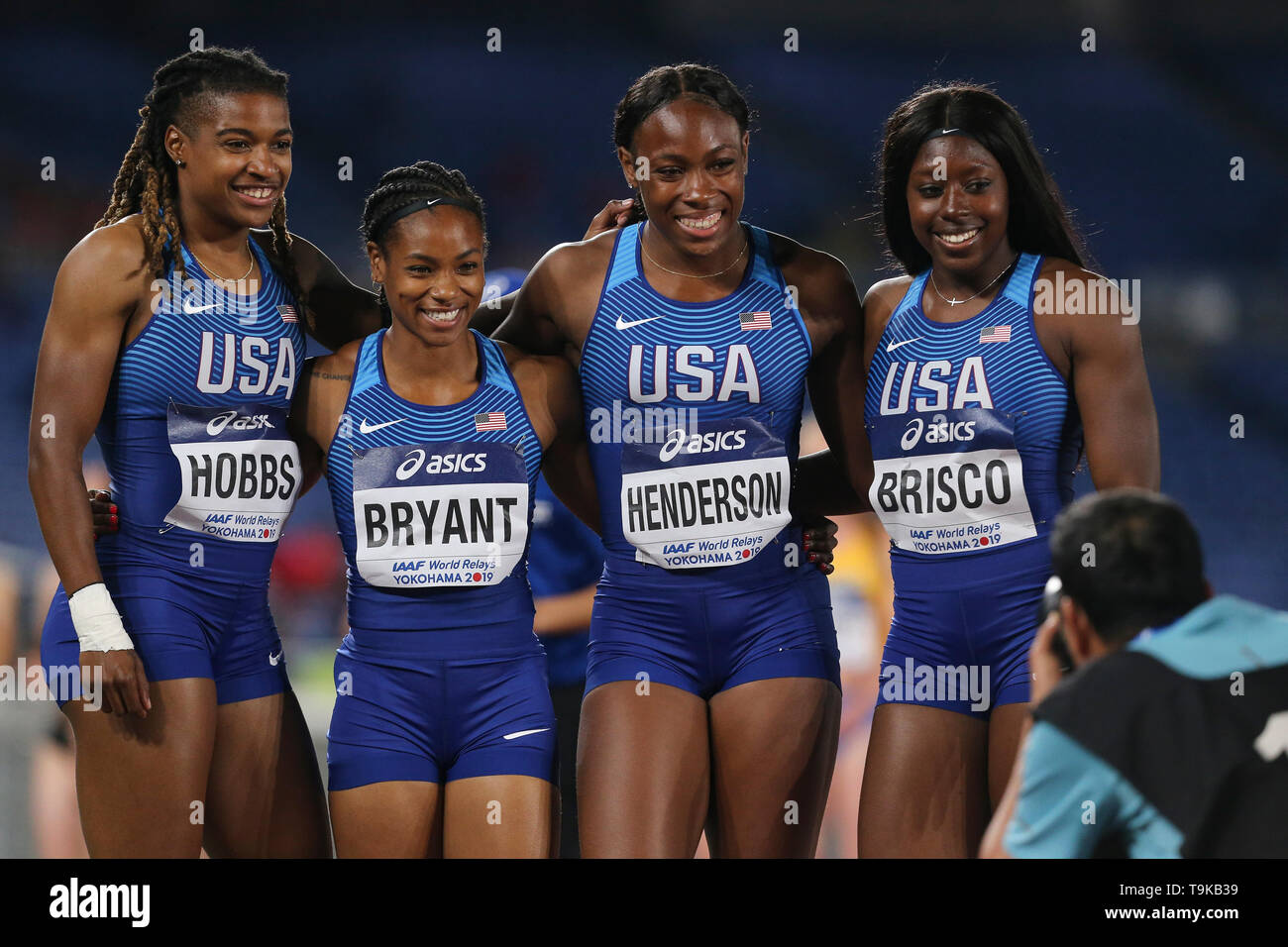 YOKOHAMA, JAPAN - MAY 10: Aleia Hobbs, Dezerea Bryant, Ashley Henderson and Mikiah Brisco of the USA 4x100m relay team during Day 1 of the 2019 IAAF World Relay Championships at the Nissan Stadium on Saturday May 11, 2019 in Yokohama, Japan. (Photo by Roger Sedres for the IAAF) Stock Photo