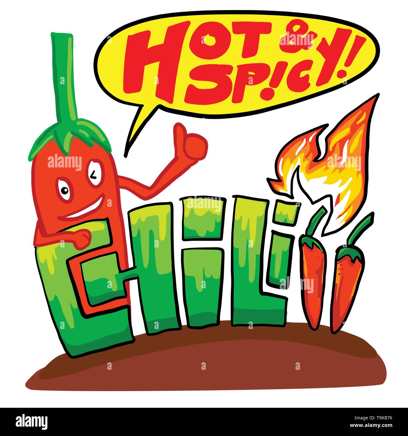 Hot and Spicy Chili, custom text and cartoon of chili pepper and fire Stock Vector
