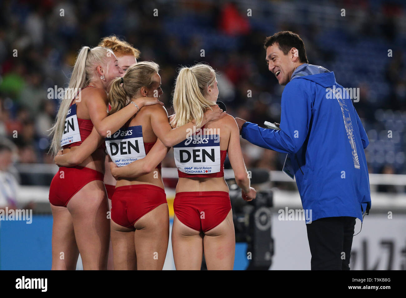 YOKOHAMA, JAPAN - MAY 10: Team Denmark women's 4x100m relay team being interviewed during Day 1 of the 2019 IAAF World Relay Championships at the Nissan Stadium on Saturday May 11, 2019 in Yokohama, Japan. (Photo by Roger Sedres for the IAAF) Stock Photo